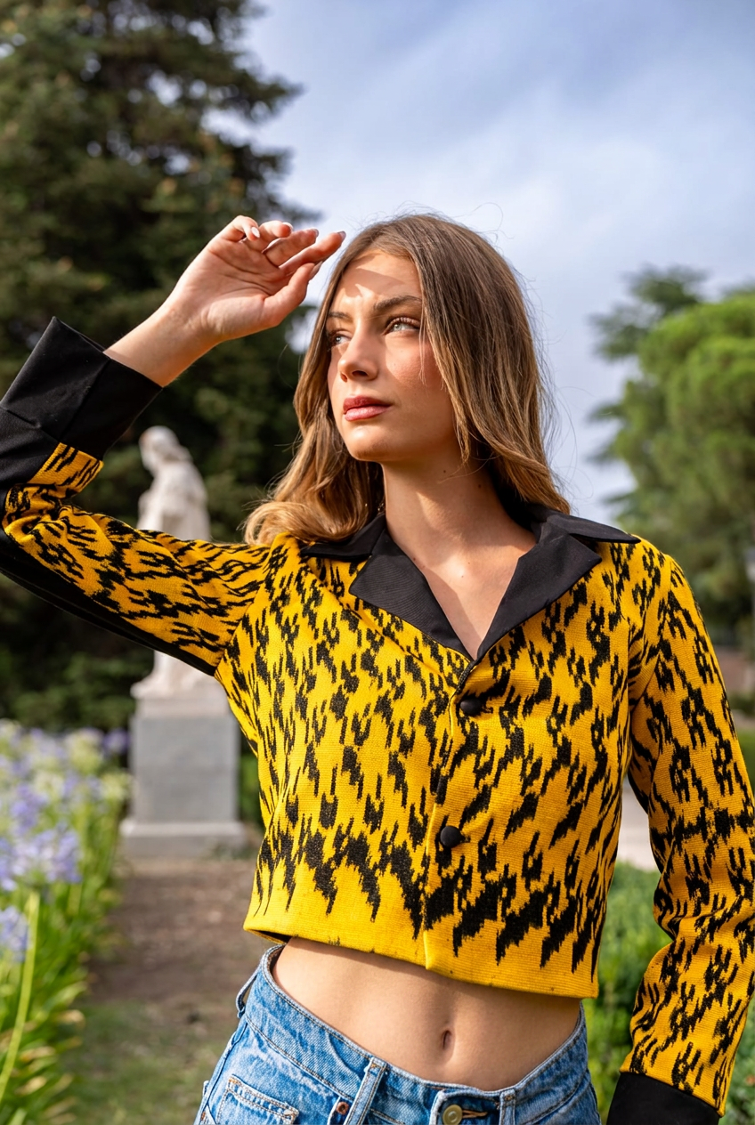 Torera ikat amarillo azafrán y negro con cuello camisero negro, retrato al sol en jardines de Madrid