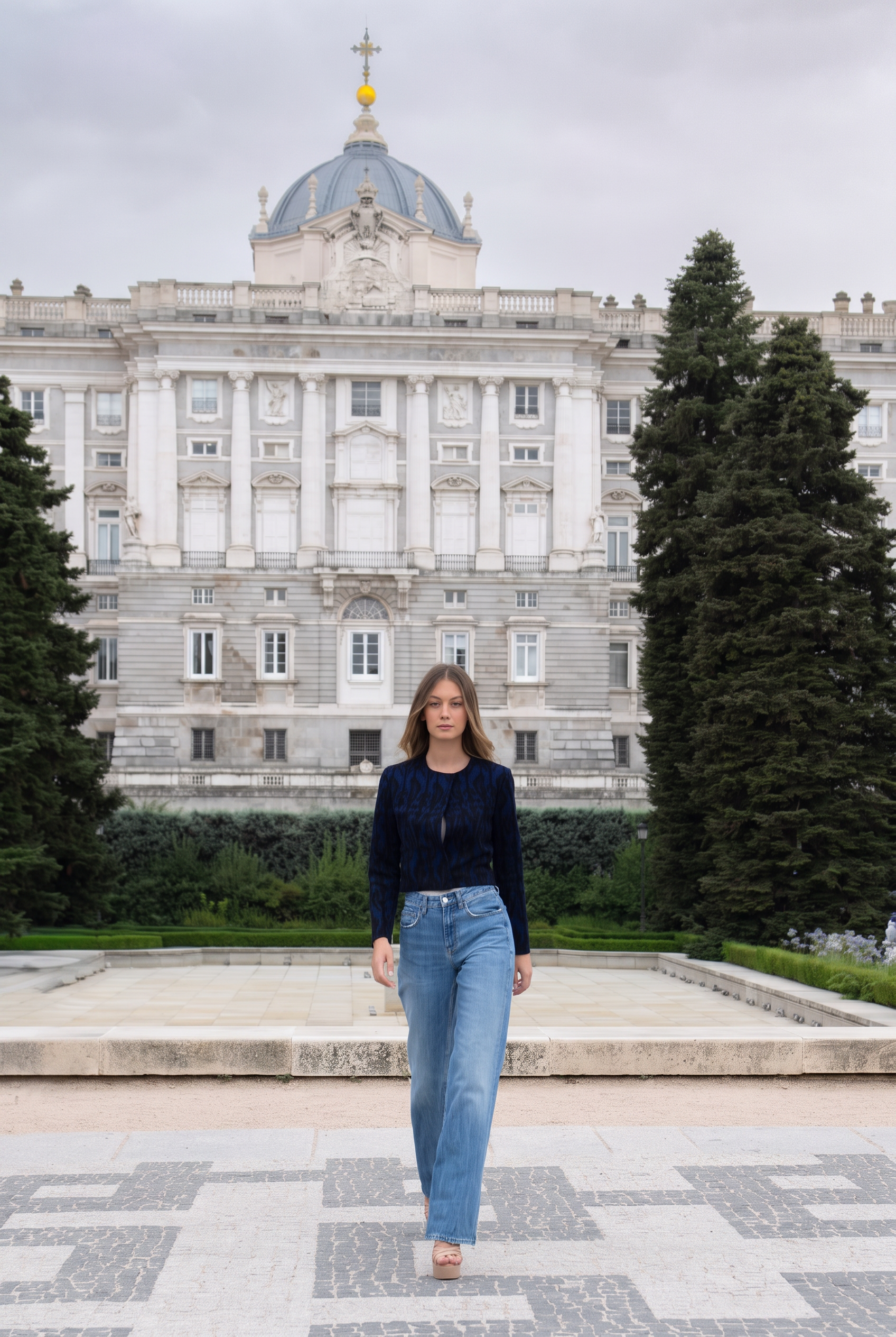 Torera ikat azul cobalto combinada con vaqueros anchos frente al Palacio Real de Madrid